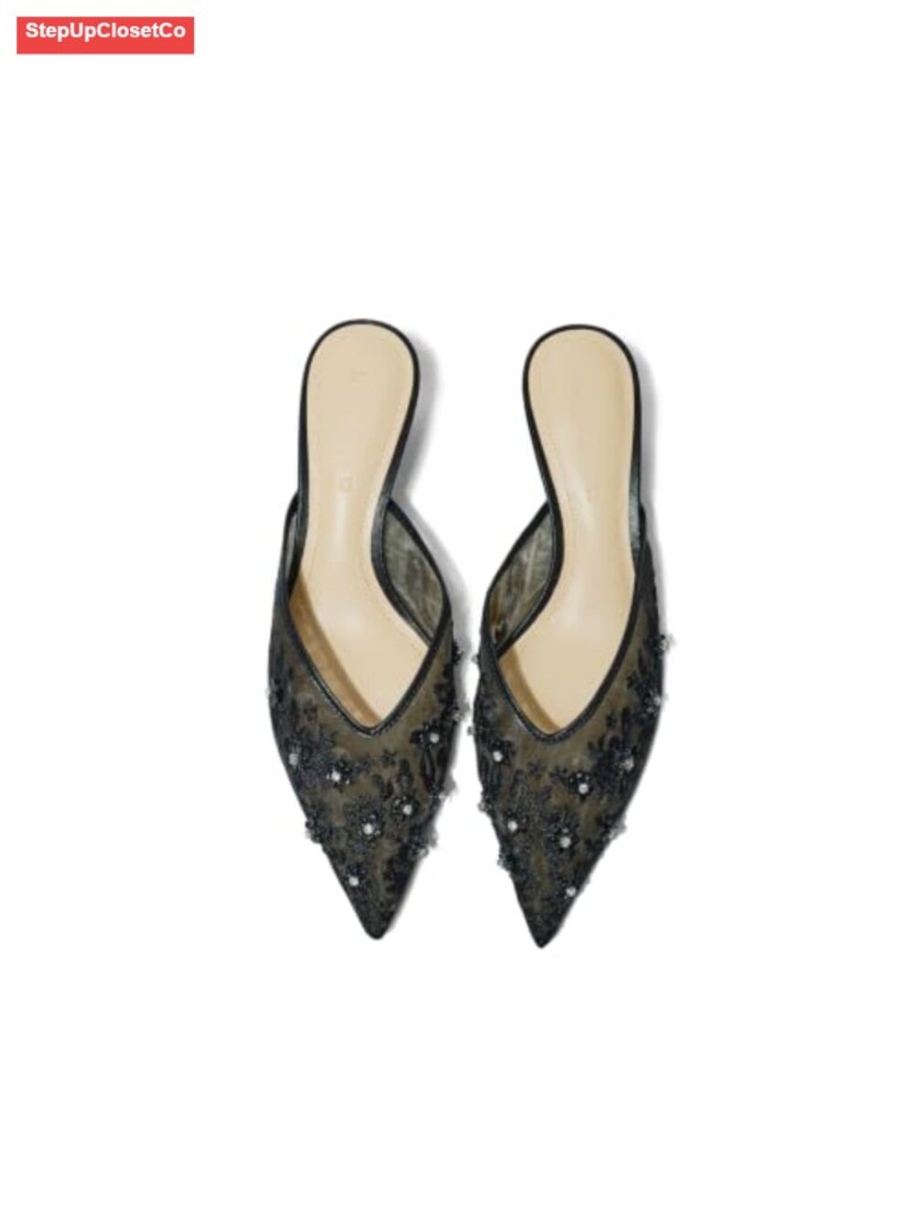 Women's Kitten Heel Mules, Lace Mesh Closed Toe Pumps